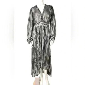 NWT IRO Silver Black Flowy Eureka Poly Long Sleeve Sparkle Plunge Dress 40EU 8US